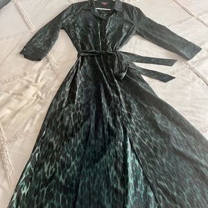 Vince Camuto Dark Green Leopard-Print Long-sleeve Shirt Dress Size L